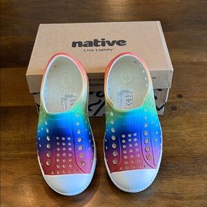 Native Jefferson Print Rainbow Gradient and White Slip-On NWOT